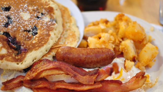 Pancakes with Sausage or Bacon at Jessen’s Delicatessen